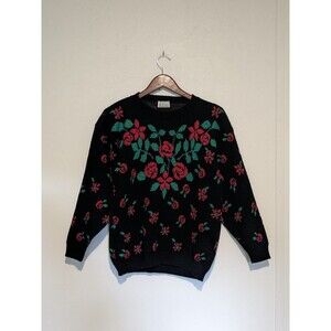Vintage Sweater Rose Floral 80s M Black Red Sparkle USA Acrylic GFC Ltd